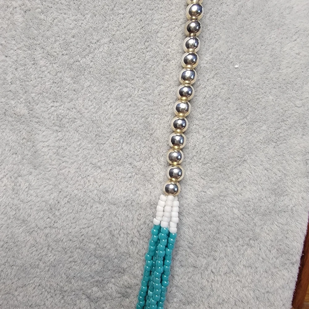 Multi-Strand Necklace Glass Seed Beads in Turquoise, White and Silver